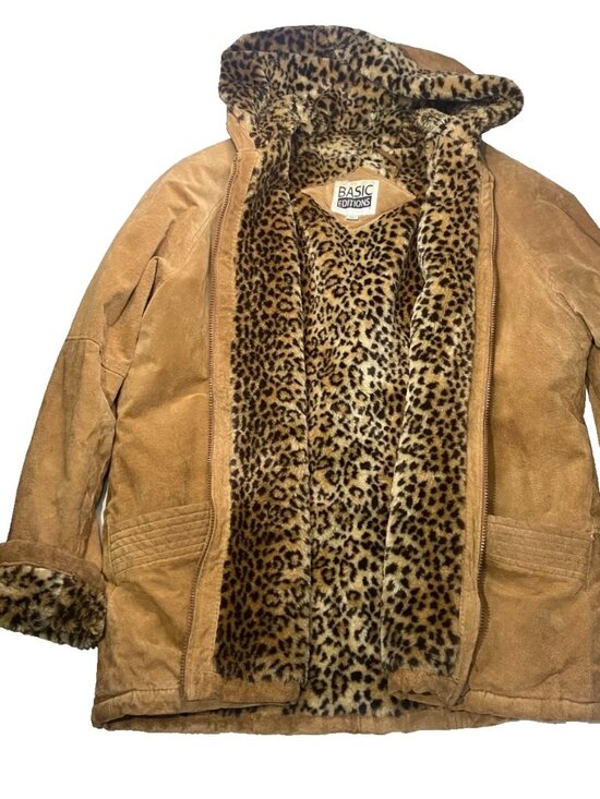 Basic Editions Jackets & Blazers - Vintage Leather Cheetah Print Coat Women’s L USA Mobwife Tuscanmom Hooded